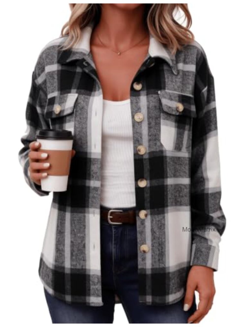 Plaid Flannel Shacket Jacket Button Down Shirt Coat Loose Fit Casual Winter